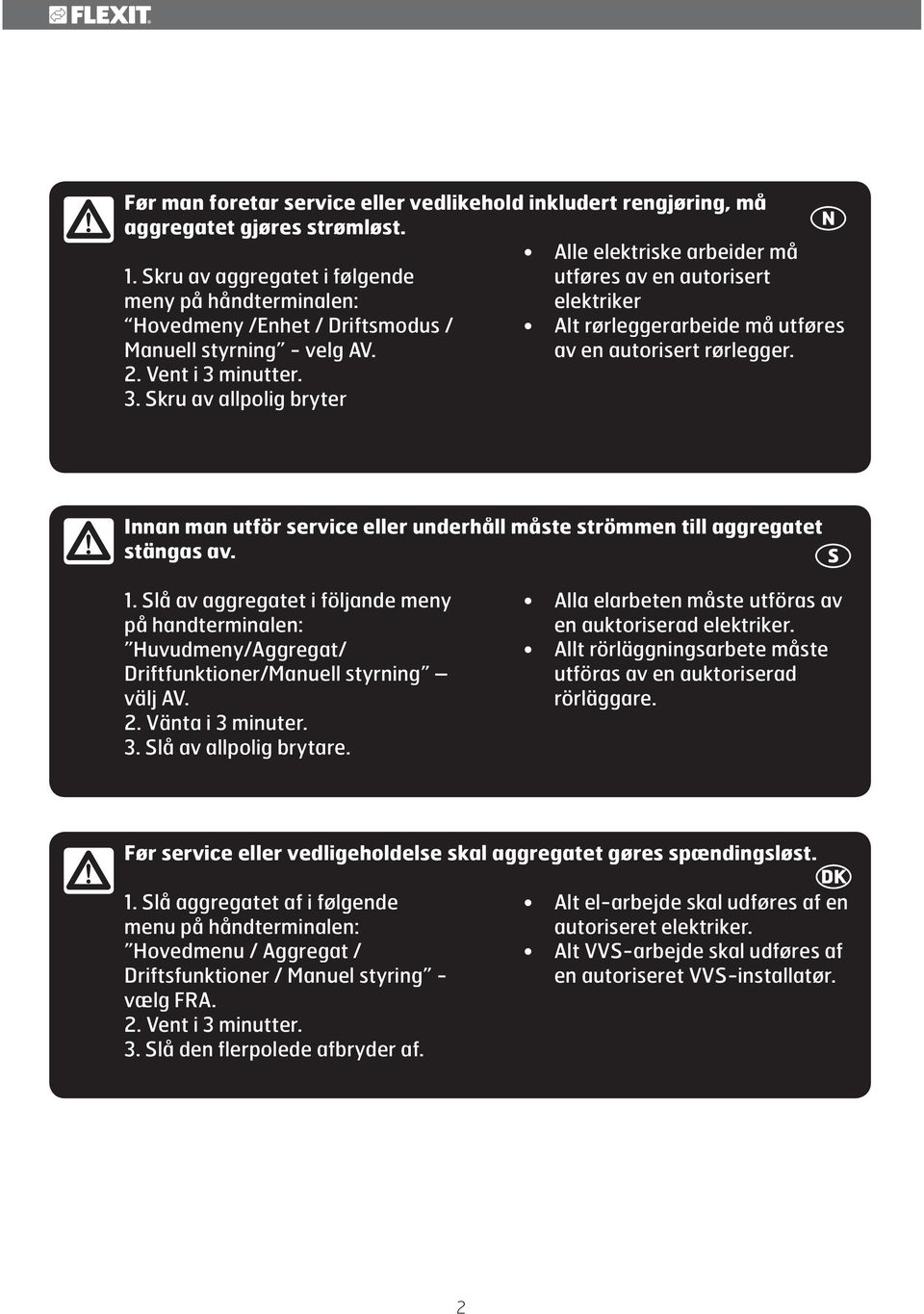 minutter. 3. Skru av allpolig bryter Alle elektriske arbeider må utføres av en autorisert elektriker Alt rørleggerarbeide må utføres av en autorisert rørlegger.