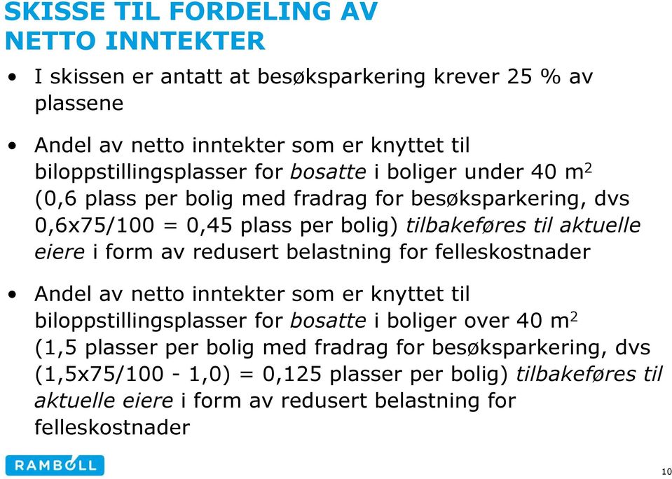 aktuelle eiere i form av redusert belastning for felleskostnader Andel av netto inntekter som er knyttet til biloppstillingsplasser for bosatte i boliger over 40 m 2