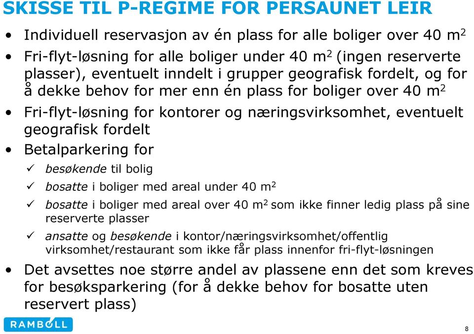 besøkende til bolig bosatte i boliger med areal under 40 m 2 bosatte i boliger med areal over 40 m 2 som ikke finner ledig plass på sine reserverte plasser ansatte og besøkende i