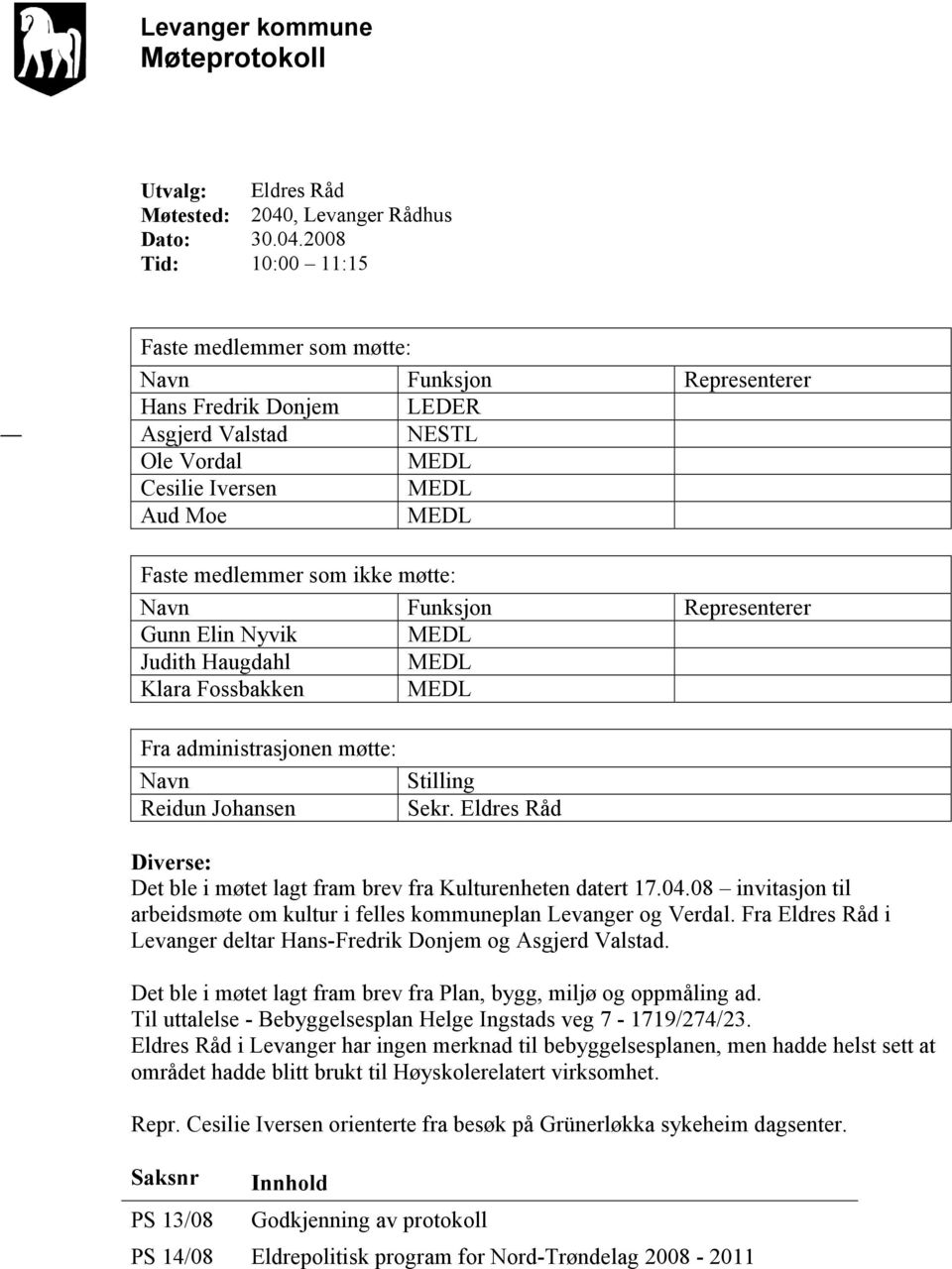 2008 Tid: 10:00 11:15 Faste medlemmer som møtte: Navn Funksjon Representerer Hans Fredrik Donjem LEDER Asgjerd Valstad NESTL Ole Vordal MEDL Cesilie Iversen MEDL Aud Moe MEDL Faste medlemmer som ikke