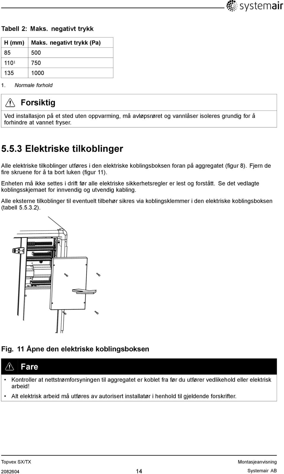 5.3 Elektriske tilkoblinger Alle elektriske tilkoblinger utføres i den elektriske koblingsboksen foran på aggregatet (figur 8). Fjern de fire skruene for å ta bort luken (figur 11).