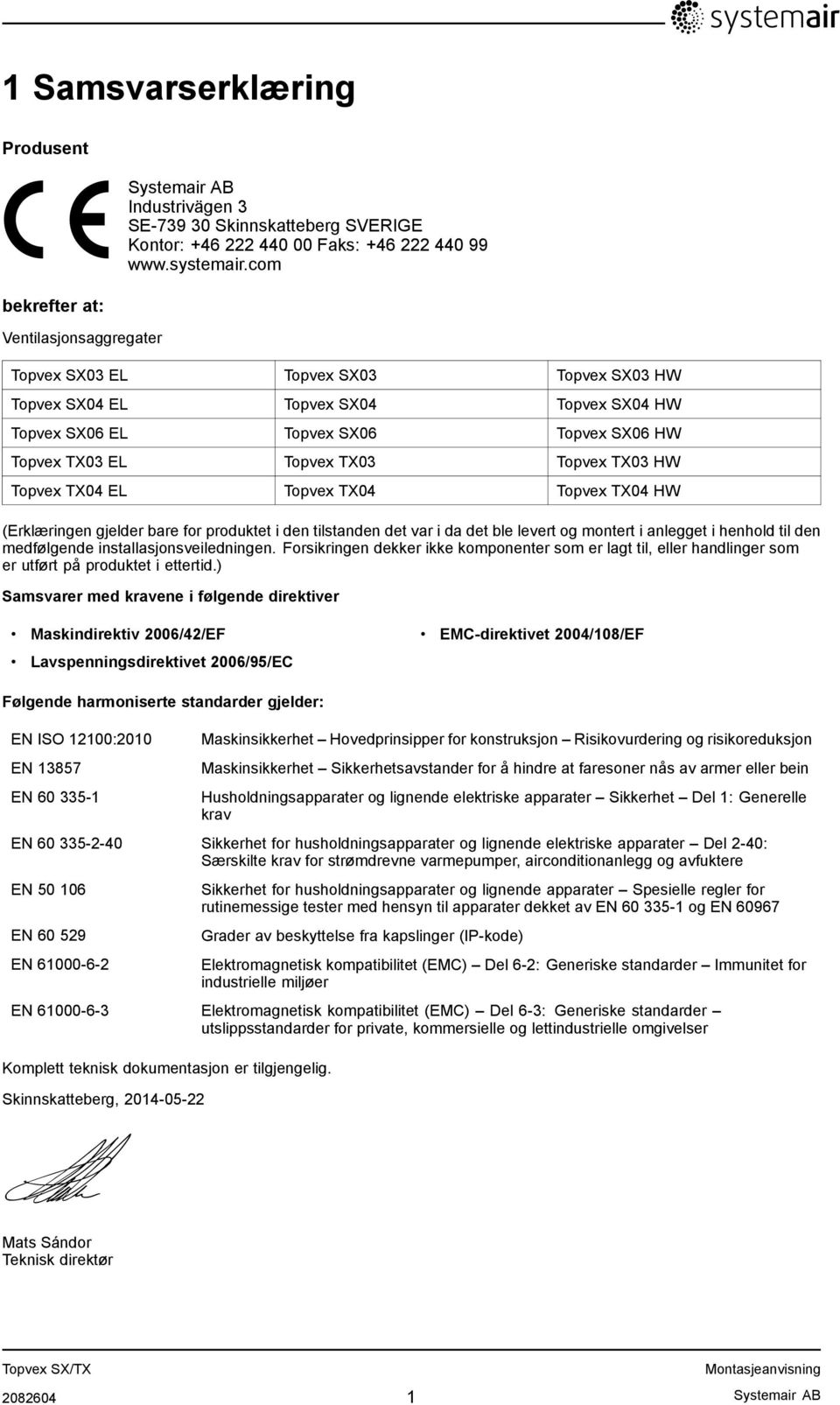 Topvex TX04 HW (Erklæringen gjelder bare for produktet i den tilstanden det var i da det ble levert og montert i anlegget i henhold til den medfølgende installasjonsveiledningen.