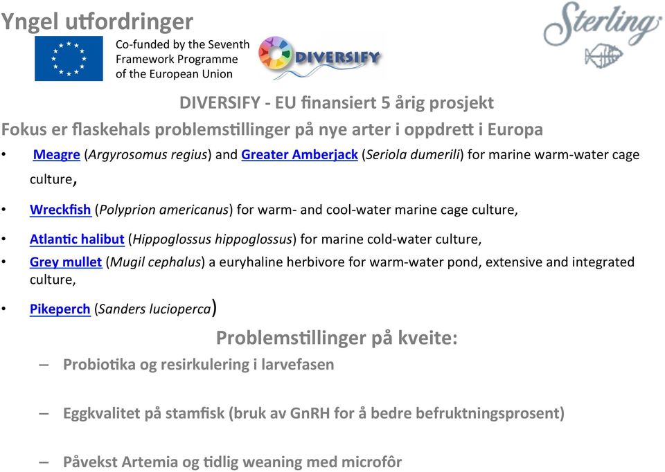 Atlan4c halibut (Hippoglossus hippoglossus) for marine cold- water culture, Grey mullet (Mugil cephalus) a euryhaline herbivore for warm- water pond, extensive and integrated culture, Pikeperch