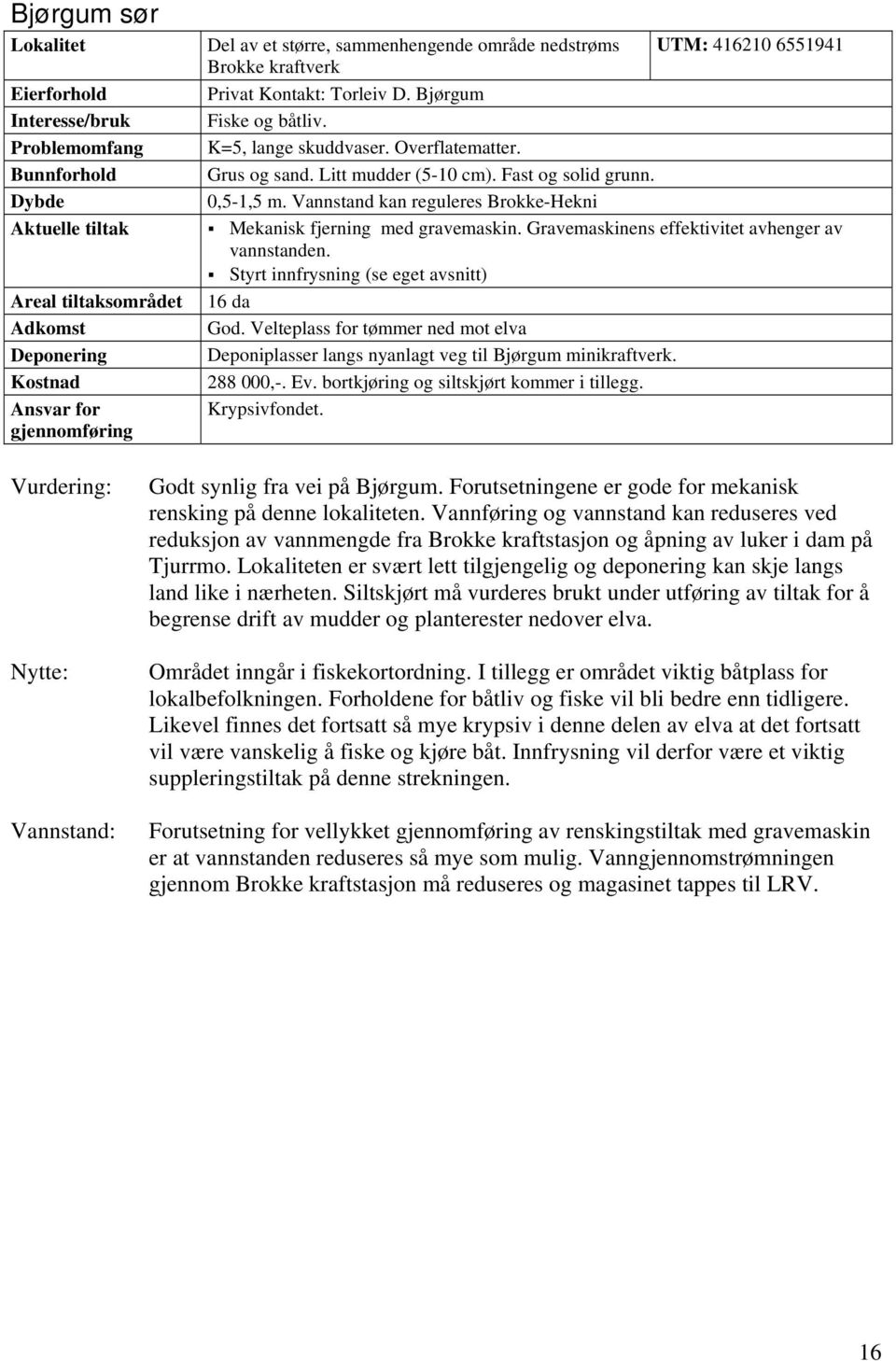 Fast og solid grunn. 0,5-1,5 m. Vannstand kan reguleres Brokke-Hekni Mekanisk fjerning med gravemaskin. Gravemaskinens effektivitet avhenger av vannstanden.