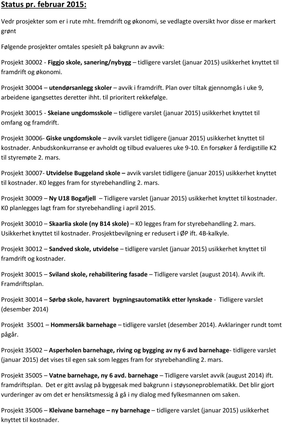 (januar 2015) usikkerhet knyttet til framdrift og økonomi. Prosjekt 30004 utendørsanlegg skoler avvik i framdrift. Plan over tiltak gjennomgås i uke 9, arbeidene igangsettes deretter ihht.