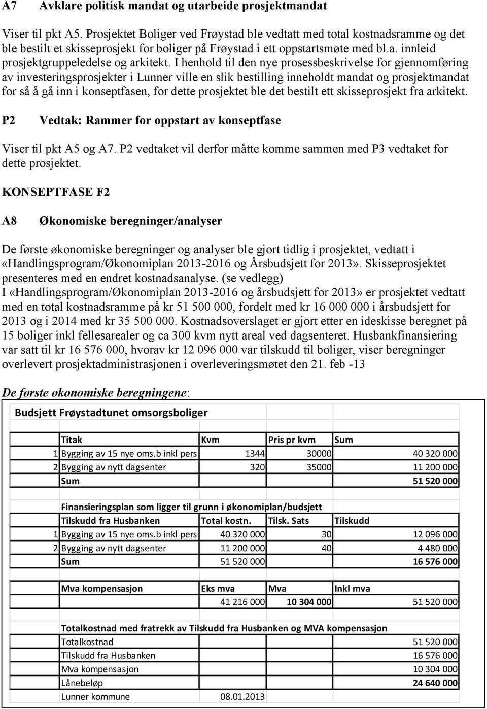 I henhold til den nye prosessbeskrivelse for gjennomføring av investeringsprosjekter i Lunner ville en slik bestilling inneholdt mandat og prosjektmandat for så å gå inn i konseptfasen, for dette