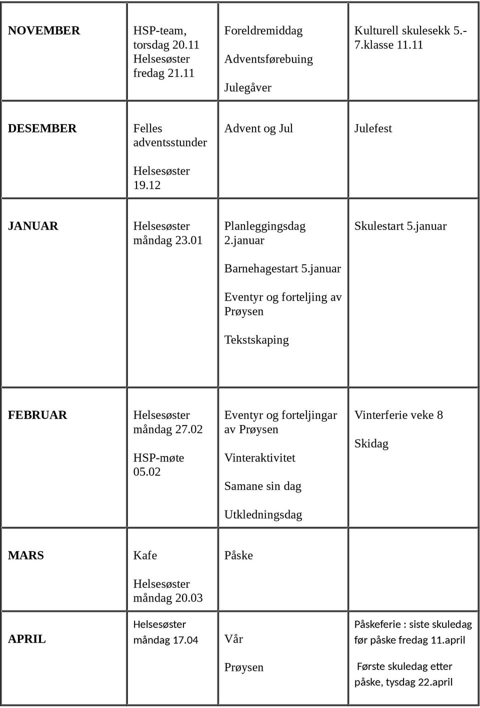 januar Eventyr og forteljing av Prøysen Tekstskaping FEBRUAR Helsesøster måndag 27.02 HSP-møte 05.