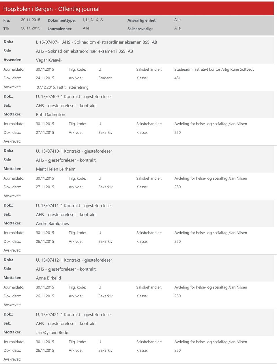 2015, Tatt til etterretning, 15/07409-1 Kontrakt - gjesteforeleser Britt Darlington, 15/07410-1 Kontrakt - gjesteforeleser Marit Helen