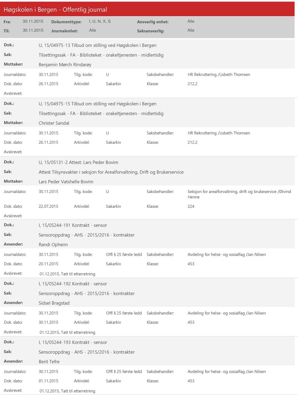 2, 15/05131-2 Attest: Lars Peder Bovim Attest Tilsynsvakter i seksjon for Arealforvaltning, Drift og Brukerservice Lars Peder Vatshelle Bovim Seksjon for arealforvaltning, drift og brukeservice