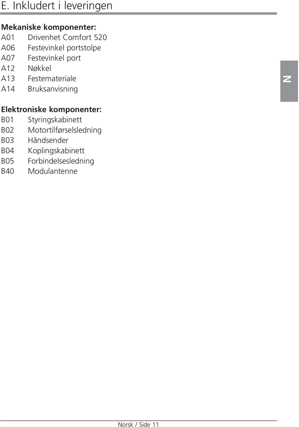 Bruksanvisning N Elektroniske komponenter: B01 Styringskabinett B02