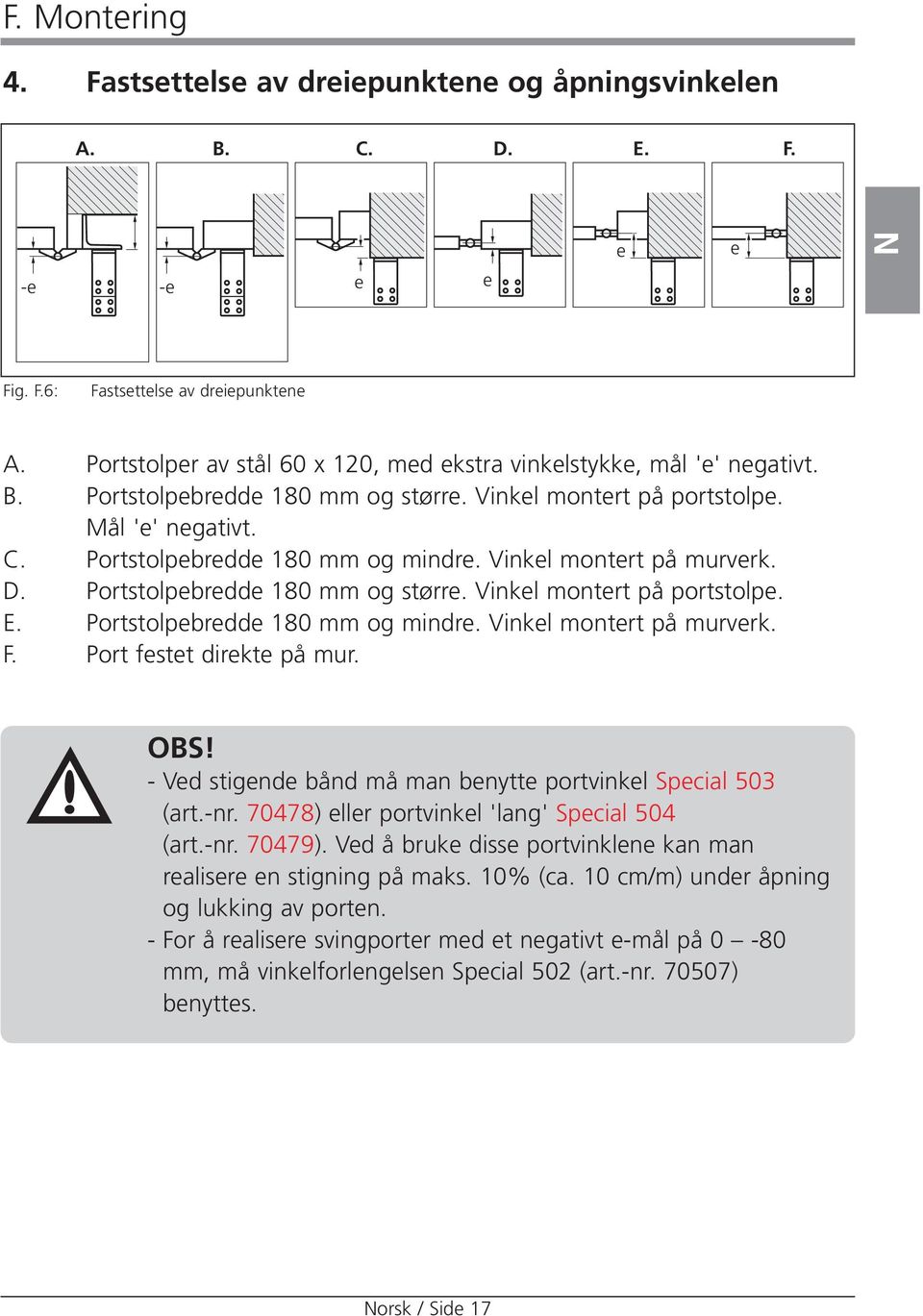 Vinkel montert på murverk. D. Portstolpebredde 180 mm og større. Vinkel montert på portstolpe. E. Portstolpebredde 180 mm og mindre. Vinkel montert på murverk. F. Port festet direkte på mur. OBS!