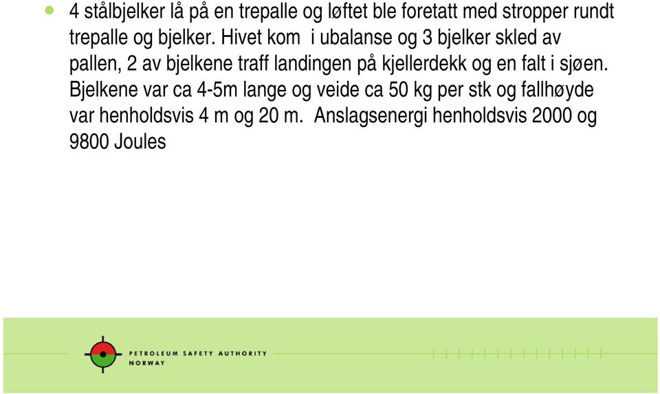 Hivet kom i ubalanse og 3 bjelker skled av pallen, 2 av bjelkene traff landingen på