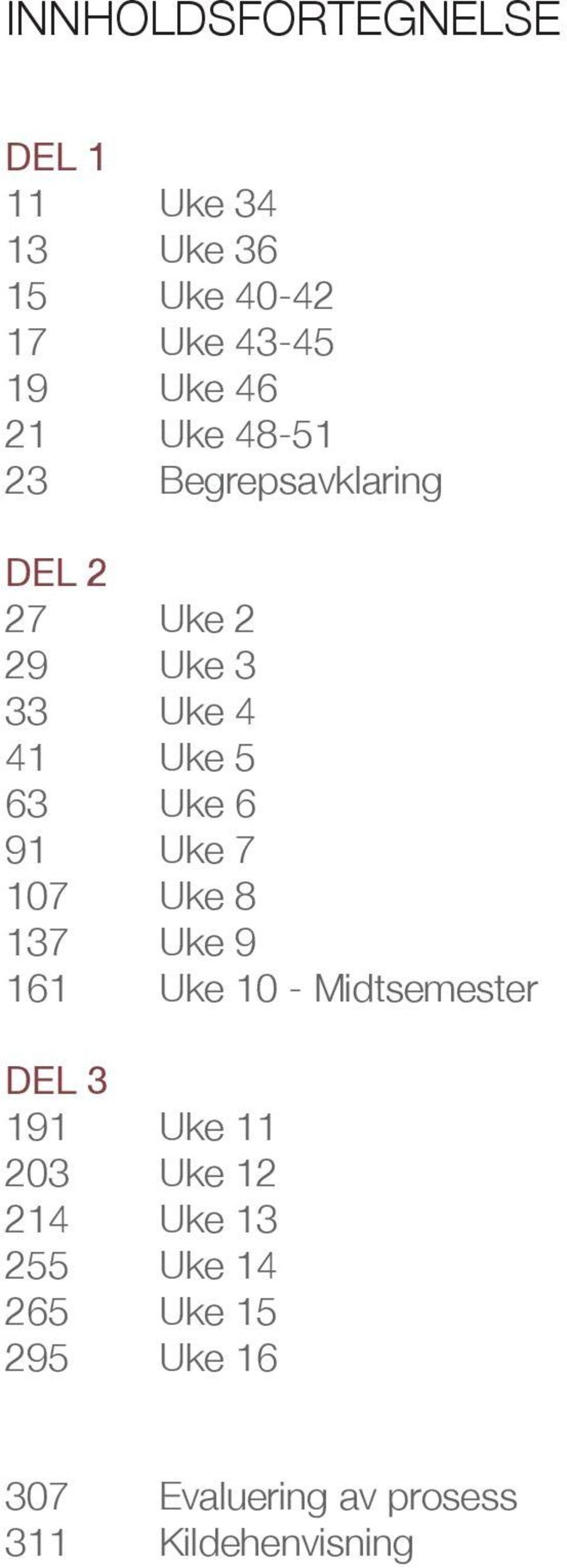 Uke 7 107 Uke 8 137 Uke 9 161 Uke 10 - Midtsemester DEL 3 191 Uke 11 203 Uke 12 214