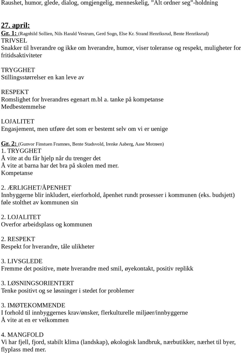 hverandres egenart m.bl a. tanke på kompetanse Medbestemmelse LOJALITET Engasjement, men utføre det som er bestemt selv om vi er uenige Gr.