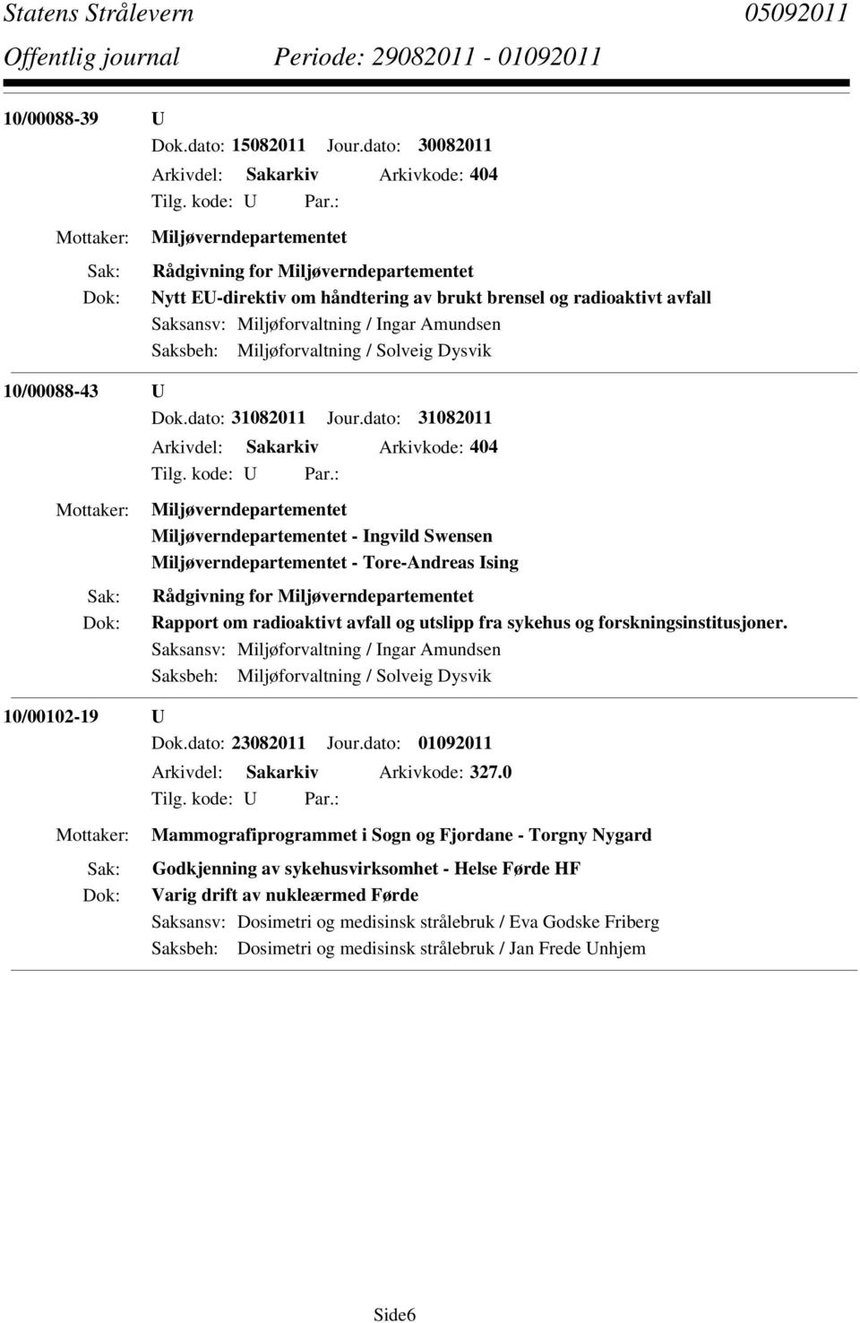 Miljøforvaltning / Ingar Amundsen Saksbeh: Miljøforvaltning / Solveig Dysvik 10/00088-43 U Dok.dato: 31082011 Jour.