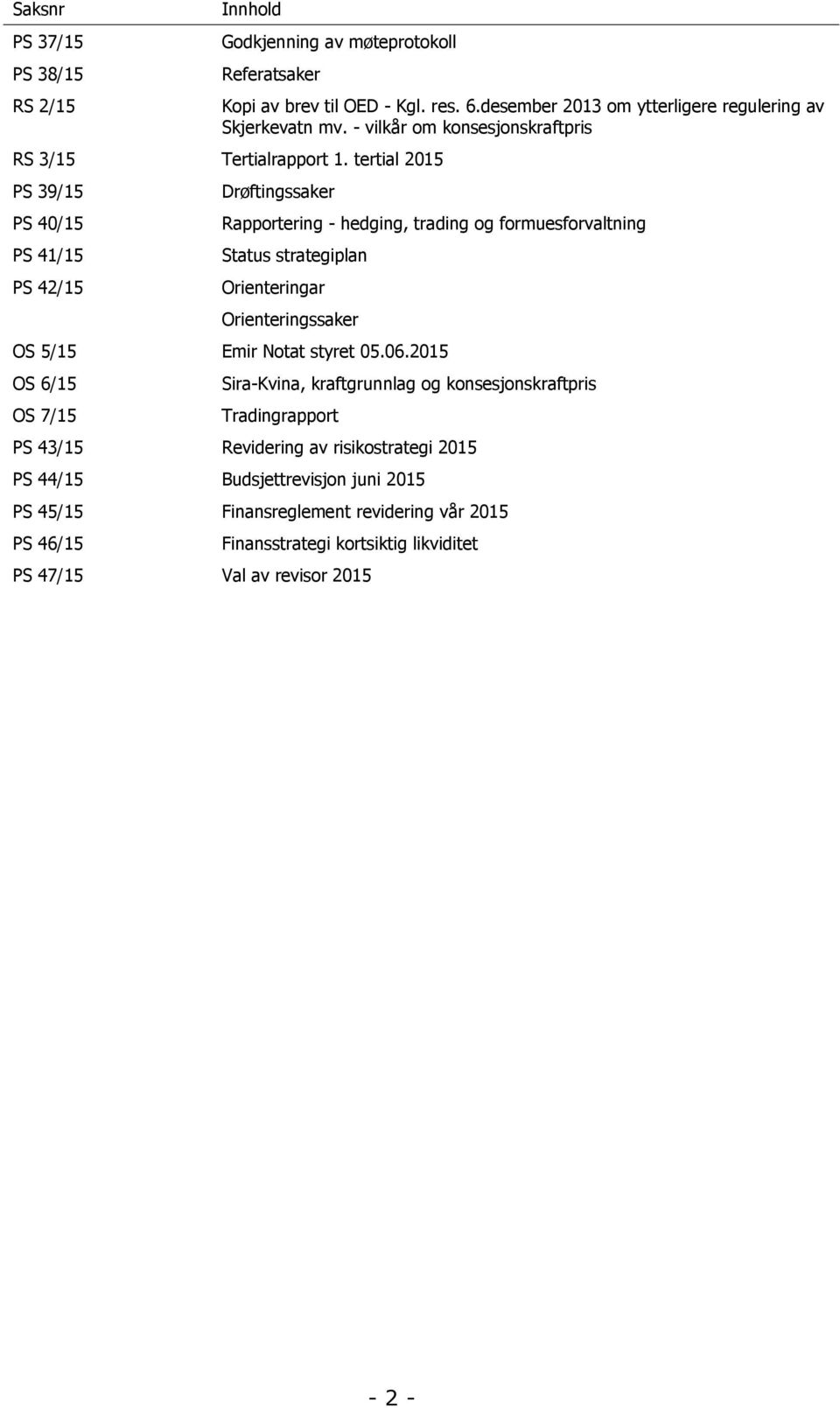 tertial 2015 PS 39/15 PS 40/15 PS 41/15 PS 42/15 Drøftingssaker Rapportering - hedging, trading og formuesforvaltning Status strategiplan Orienteringar Orienteringssaker OS 5/15