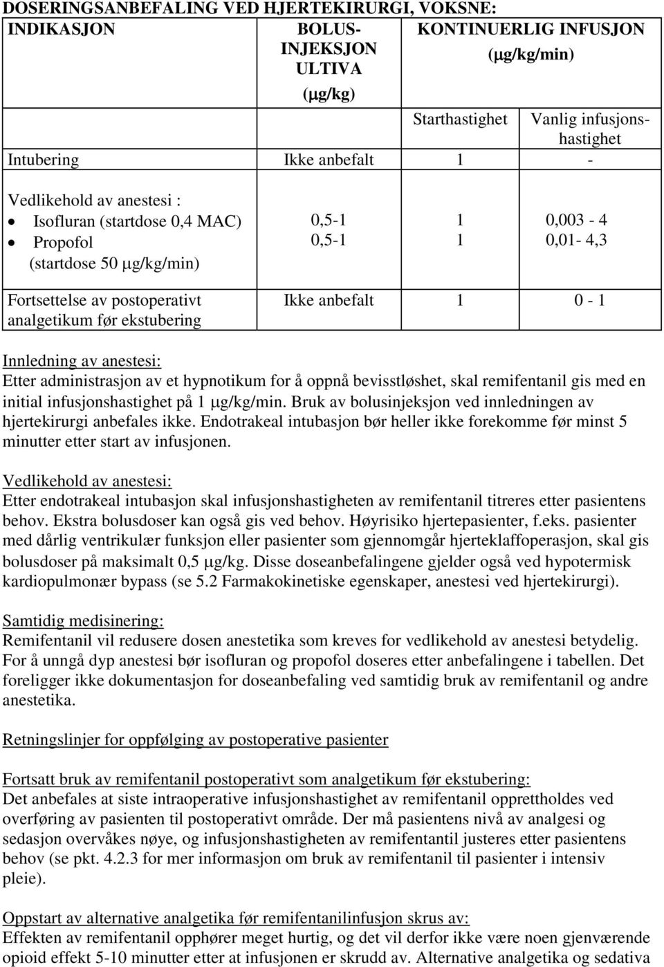 Innledning av anestesi: Etter administrasjon av et hypnotikum for å oppnå bevisstløshet, skal remifentanil gis med en initial infusjonshastighet på 1 g/kg/min.