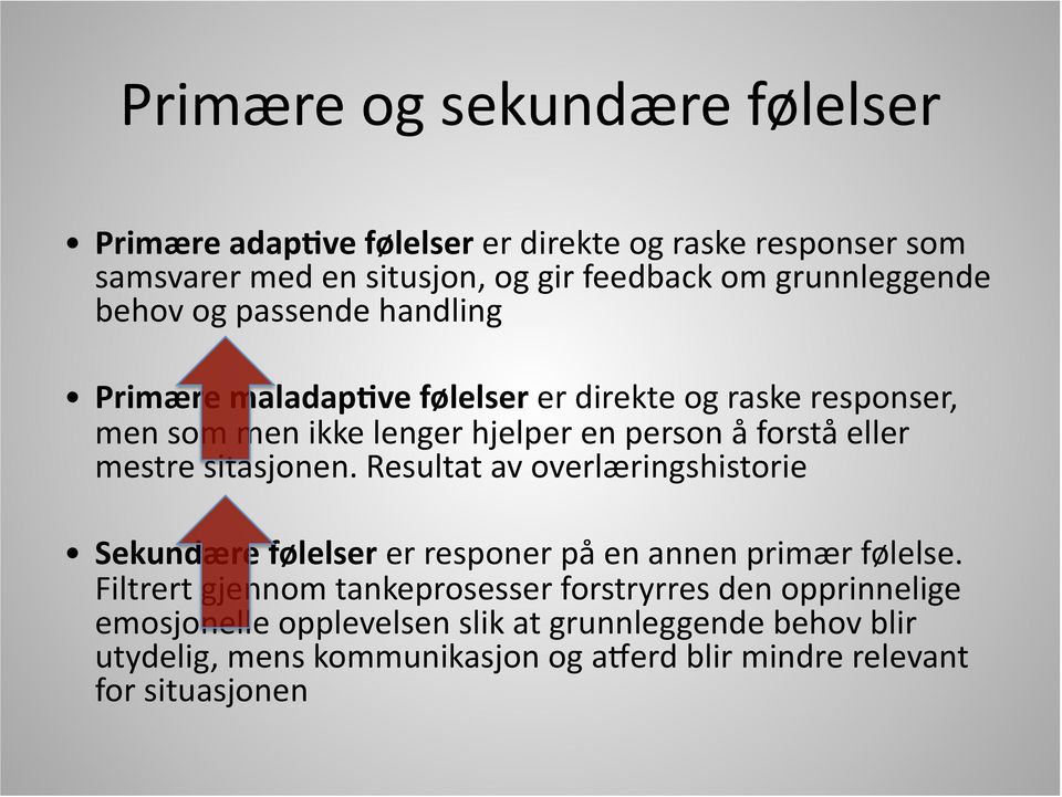 mestre sitasjonen. Resultat av overlæringshistorie Sekundære følelser er responer på en annen primær følelse.