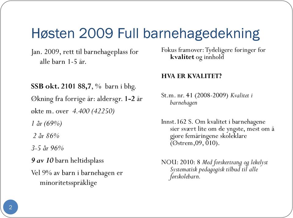 400 (42250) 1 år (69%) 2 år 86% 3-5 år 96% 9 av 10 barn heltidsplass Vel 9% av barn i barnehagen er minoritetsspråklige Fokus framover: Tydeligere føringer for