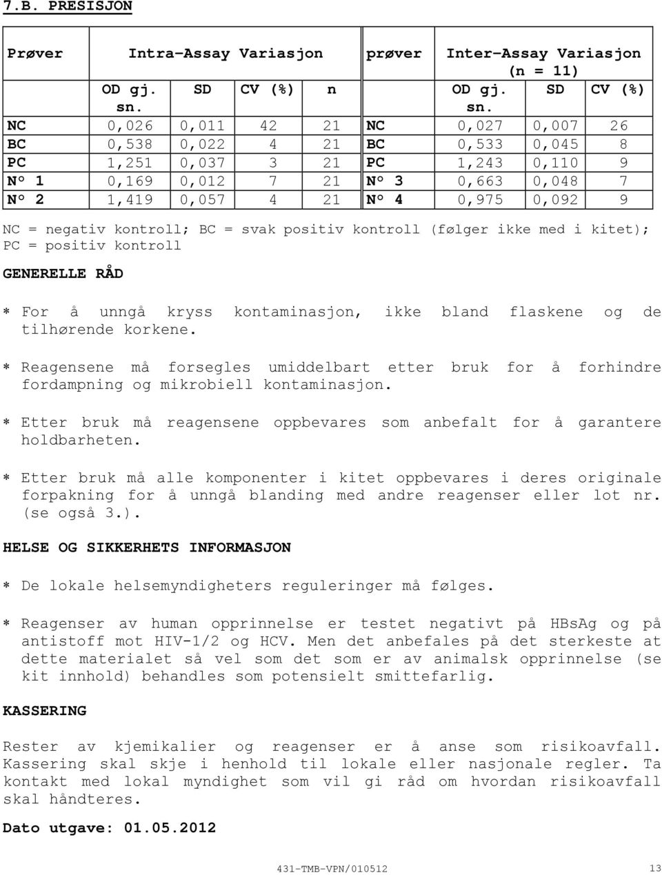 negativ kontroll; BC = svak positiv kontroll (følger ikke med i kitet); PC = positiv kontroll GENERELLE RÅD For å unngå kryss kontaminasjon, ikke bland flaskene og de tilhørende korkene.