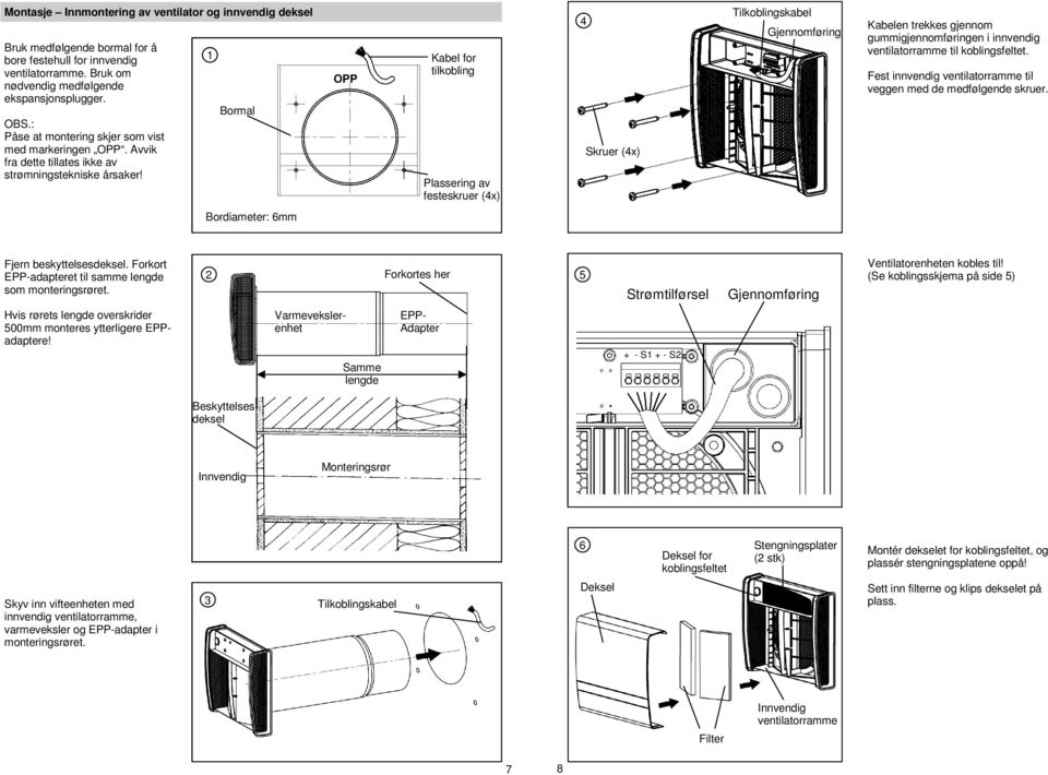 1 Bormal OPP Kabel for tilkoing Plassering av festeskruer (4x) 4 Skruer (4x) Tilkoingskabel Gjennomføring Kabelen trekkes gjennom gummigjennomføringen i innvendig ventilatorramme til koingsfeltet.
