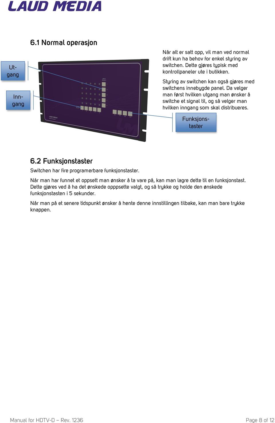 Inngang Funksjonstaster 6.2 Funksjonstaster Switchen har fire programerbare funksjonstaster. Når man har funnet et oppsett man ønsker å ta vare på, kan man lagre dette til en funksjonstast.