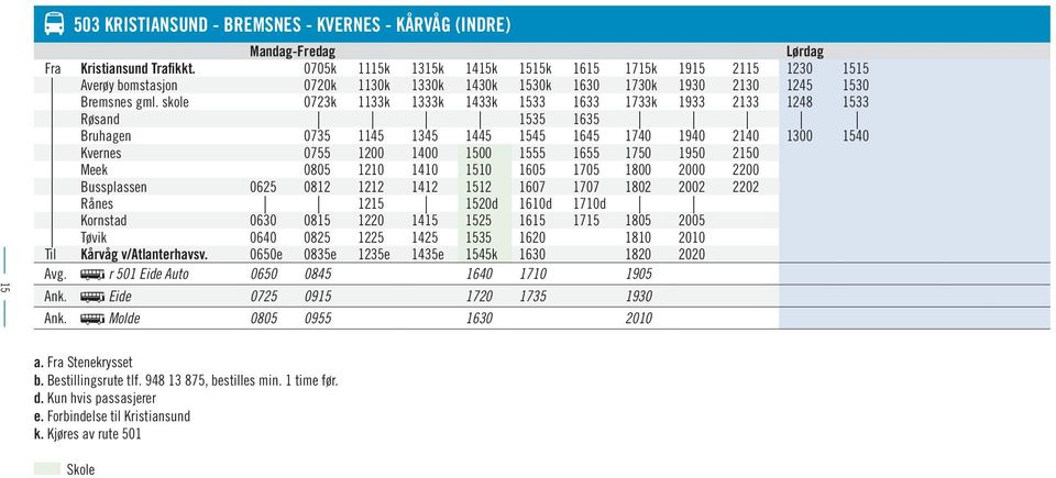 skole 0723k 1133k 1333k 1433k 1533 1633 1733k 1933 2133 1248 1533 Røsand 1535 1635 Bruhagen 0735 1145 1345 1445 1545 1645 1740 1940 2140 1300 1540 Kvernes 0755 1200 1400 1500 1555 1655 1750 1950 2150