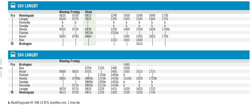 ..... Hoset 0600 0655 0755 1405 1505 1615 1715 Fladset 1155b 1405b b Henda 0605 0700b 0800b 1210b 1410b 1510b 1620 1720b Sandøy 0800b 1205b 1425b b b b Hasseløy 0710 0805b 1215b 1410b b b b