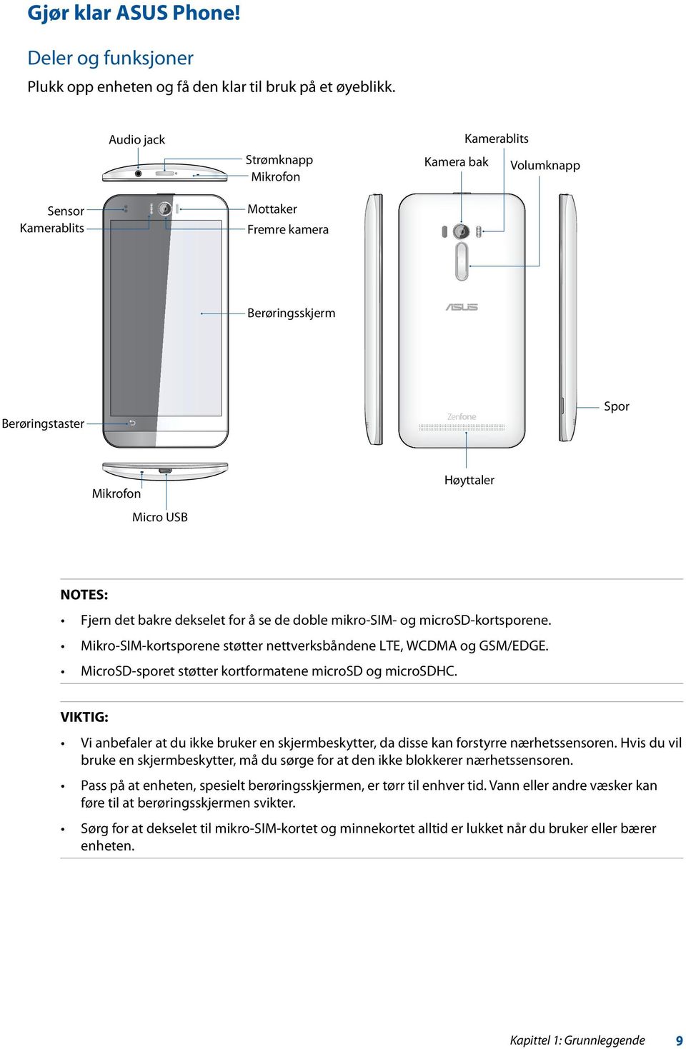 dekselet for å se de doble mikro-sim- og microsd-kortsporene. Mikro-SIM-kortsporene støtter nettverksbåndene LTE, WCDMA og GSM/EDGE. MicroSD-sporet støtter kortformatene microsd og microsdhc.