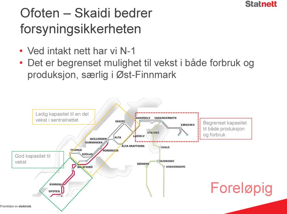 Øst-Finnmark Ledig kapasitet til en del vekst i sentralnettet Begrenset