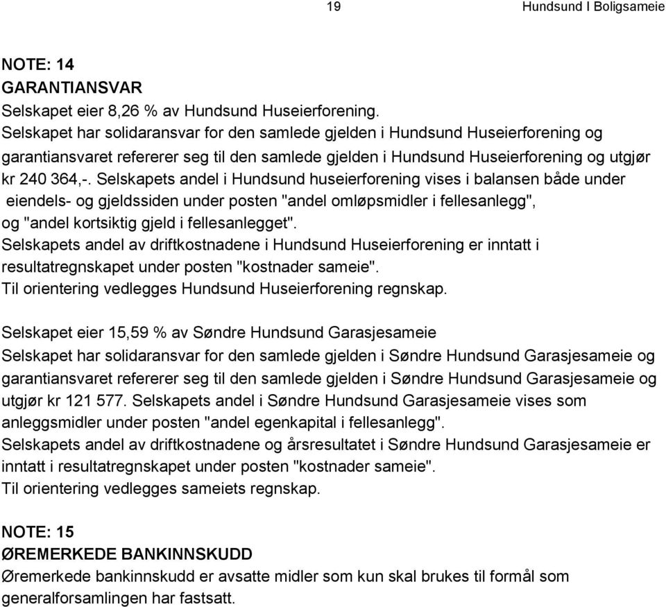 Selskapets andel i Hundsund huseierforening vises i balansen både under eiendels- og gjeldssiden under posten "andel omløpsmidler i fellesanlegg", og "andel kortsiktig gjeld i fellesanlegget".