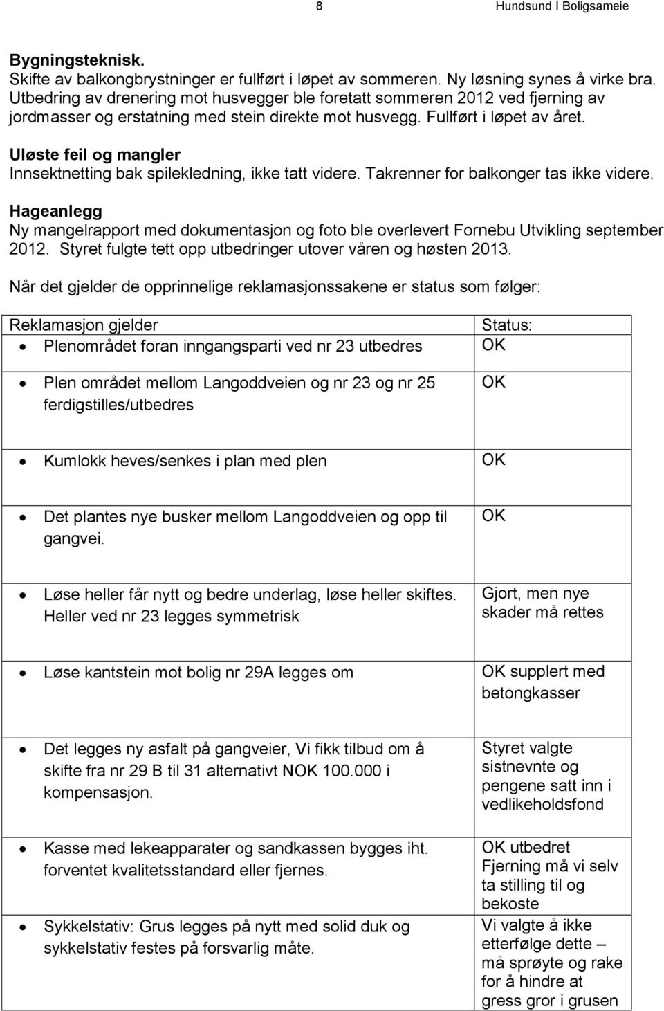 Uløste feil og mangler Innsektnetting bak spilekledning, ikke tatt videre. Takrenner for balkonger tas ikke videre.