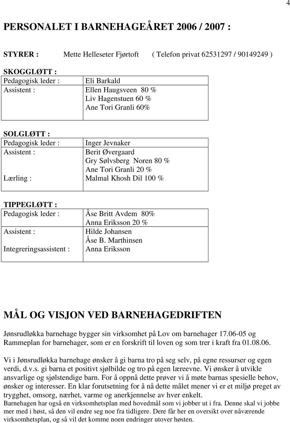 : Pedagogisk leder : Åse Britt Avdem 80% Anna Eriksson 20 % Assistent : Hilde Johansen Åse B.