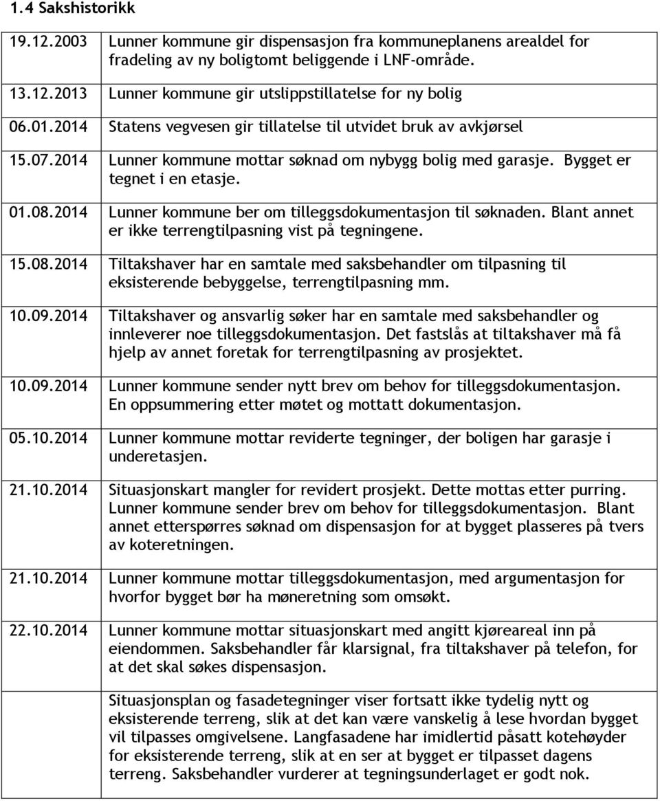 2014 Lunner kommune ber om tilleggsdokumentasjon til søknaden. Blant annet er ikke terrengtilpasning vist på tegningene. 15.08.