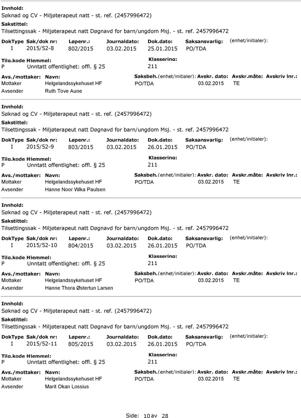 : TE Hanne Noor Wika aulsen 2015/52-10 804/2015 26.01.2015 nntatt offentlighet: offl. 25 Avs./mottaker: Navn: Saksbeh. Avskr. dato: Avskr.måte: Avskriv lnr.