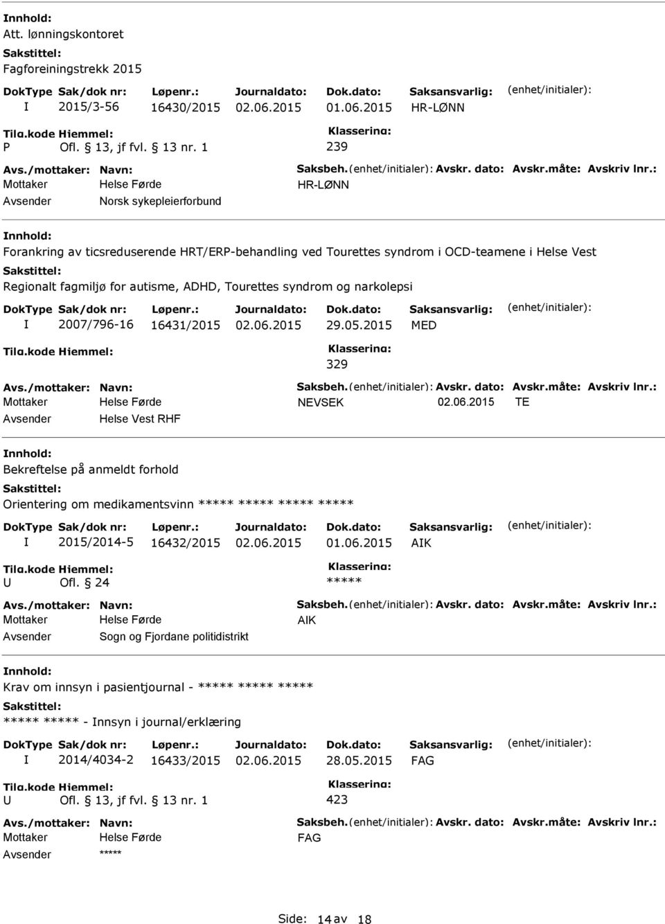 for autisme, ADHD, Tourettes syndrom og narkolepsi 2007/796-16 16431/2015 MED 329 NEVSEK TE Helse Vest RHF Bekreftelse på anmeldt forhold Orientering om