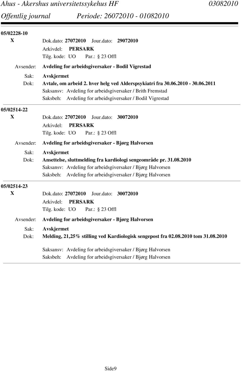 dato: 30072010 Avdeling for arbeidsgiversaker - Bjørg Halvorsen Ansettelse, sluttmelding fra kardiologi sengeområde pr. 31.08.