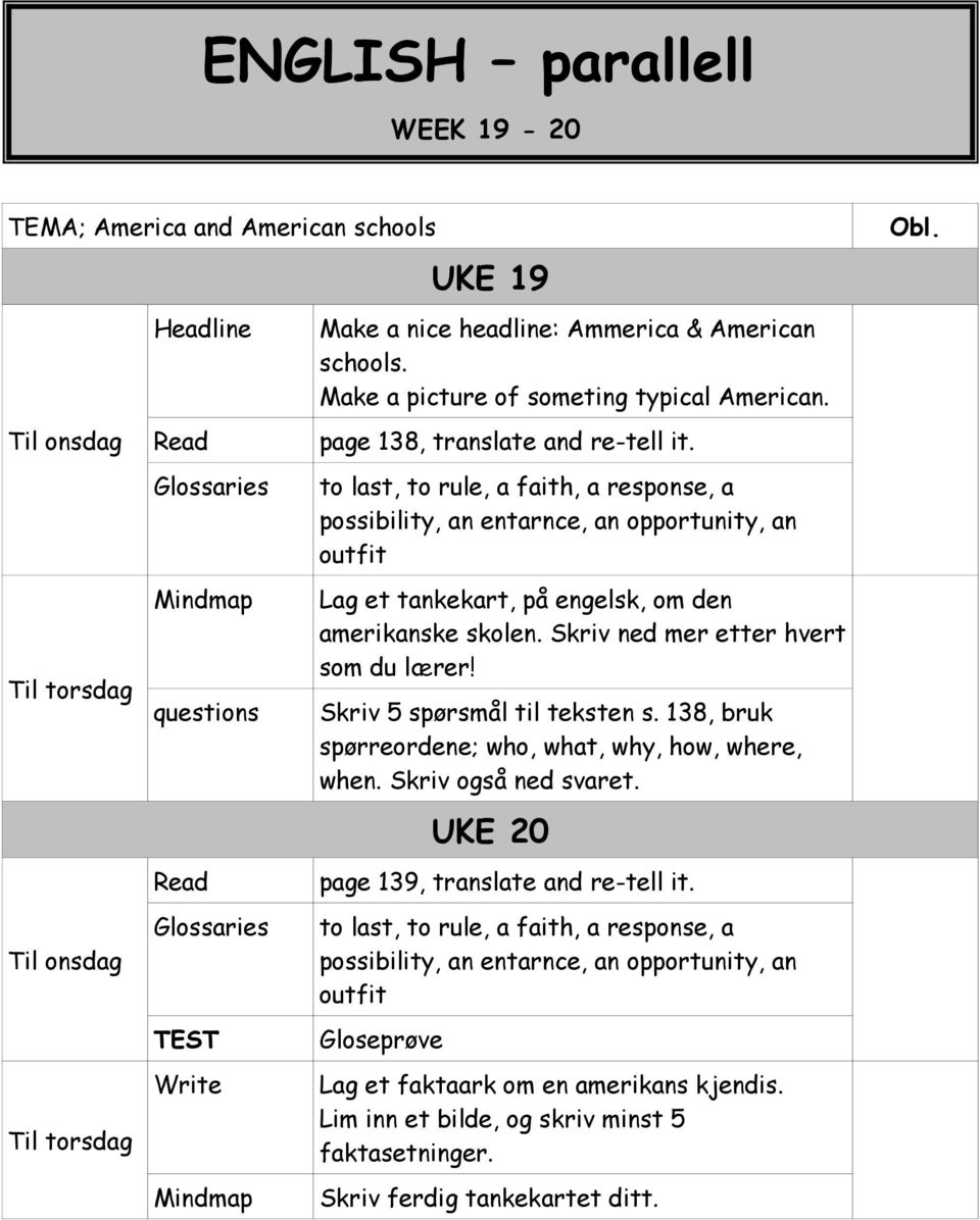to last, to rule, a faith, a response, a possibility, an entarnce, an opportunity, an outfit Lag et tankekart, på engelsk, om den amerikanske skolen. Skriv ned mer etter hvert som du lærer!
