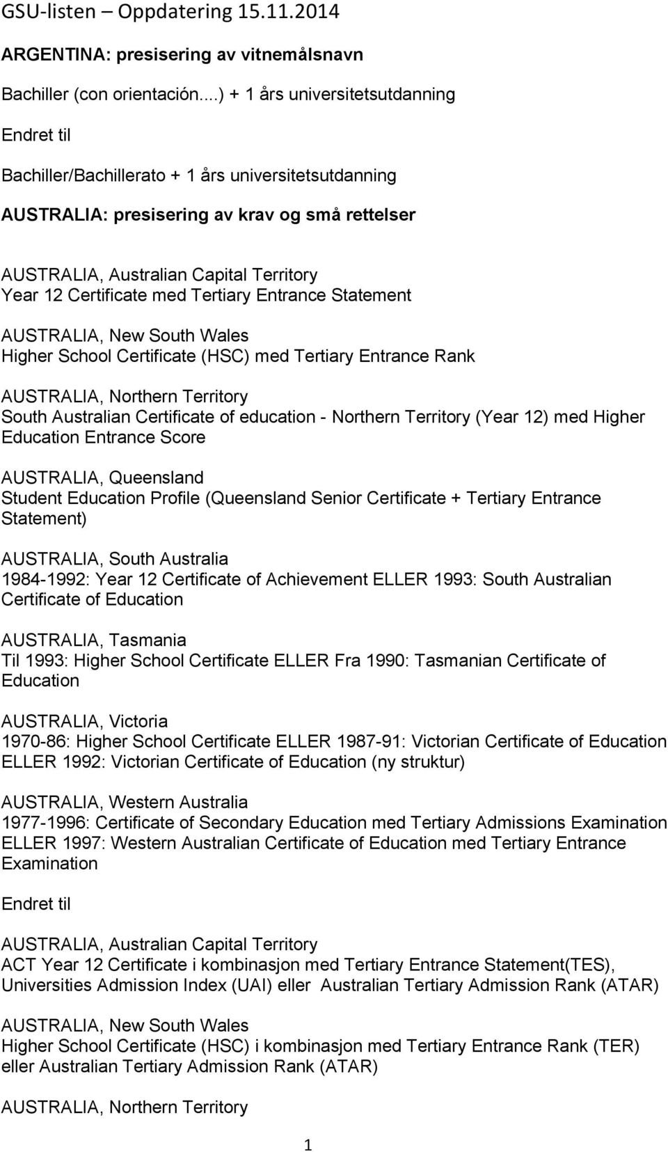 Tertiary Entrance Statement AUSTRALIA, New South Wales Higher School Certificate (HSC) med Tertiary Entrance Rank AUSTRALIA, Northern Territory South Australian Certificate of education - Northern