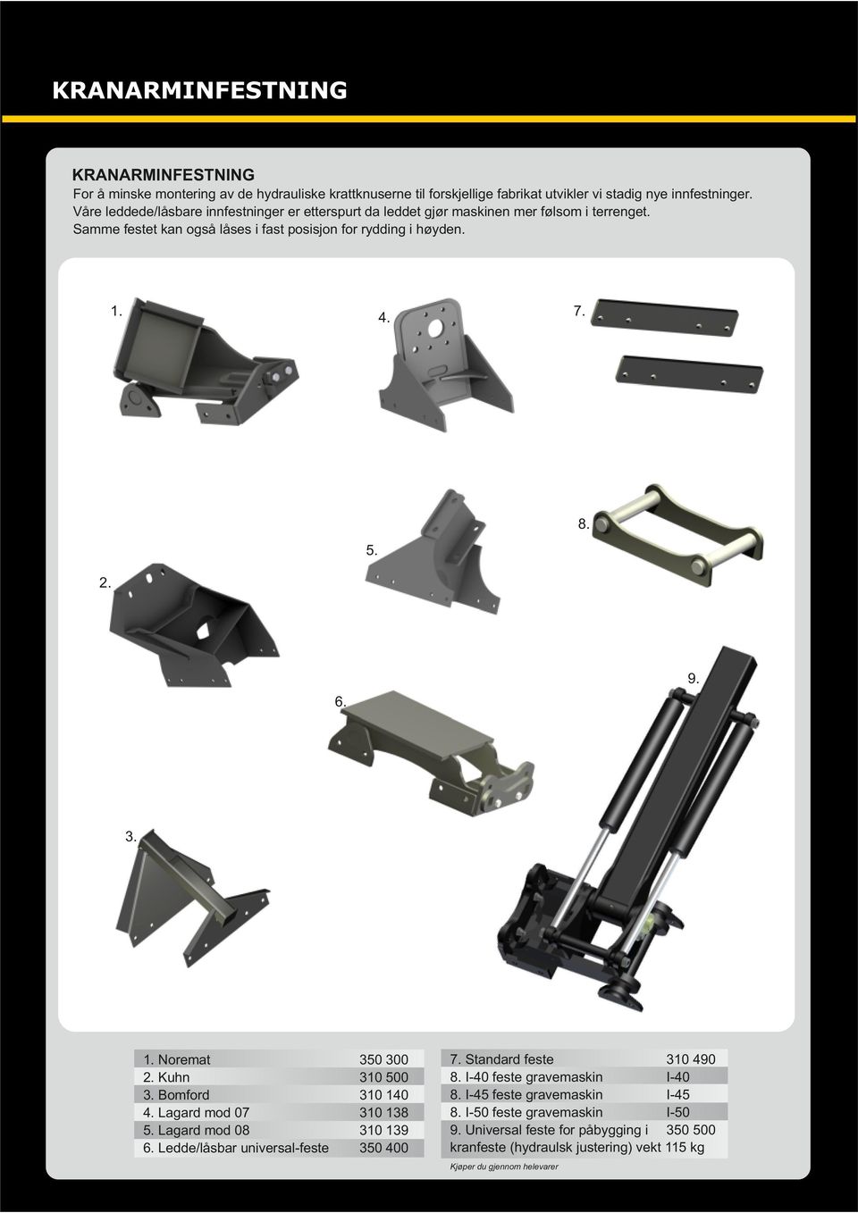 5. 2. 9. 6. 3. 1. Noremat 2. Kuhn 3. Bomford 4. Lagard mod 07 5. Lagard mod 08 6. Ledde/låsbar universal-feste 350 300 310 500 310 140 310 138 310 139 350 400 7.