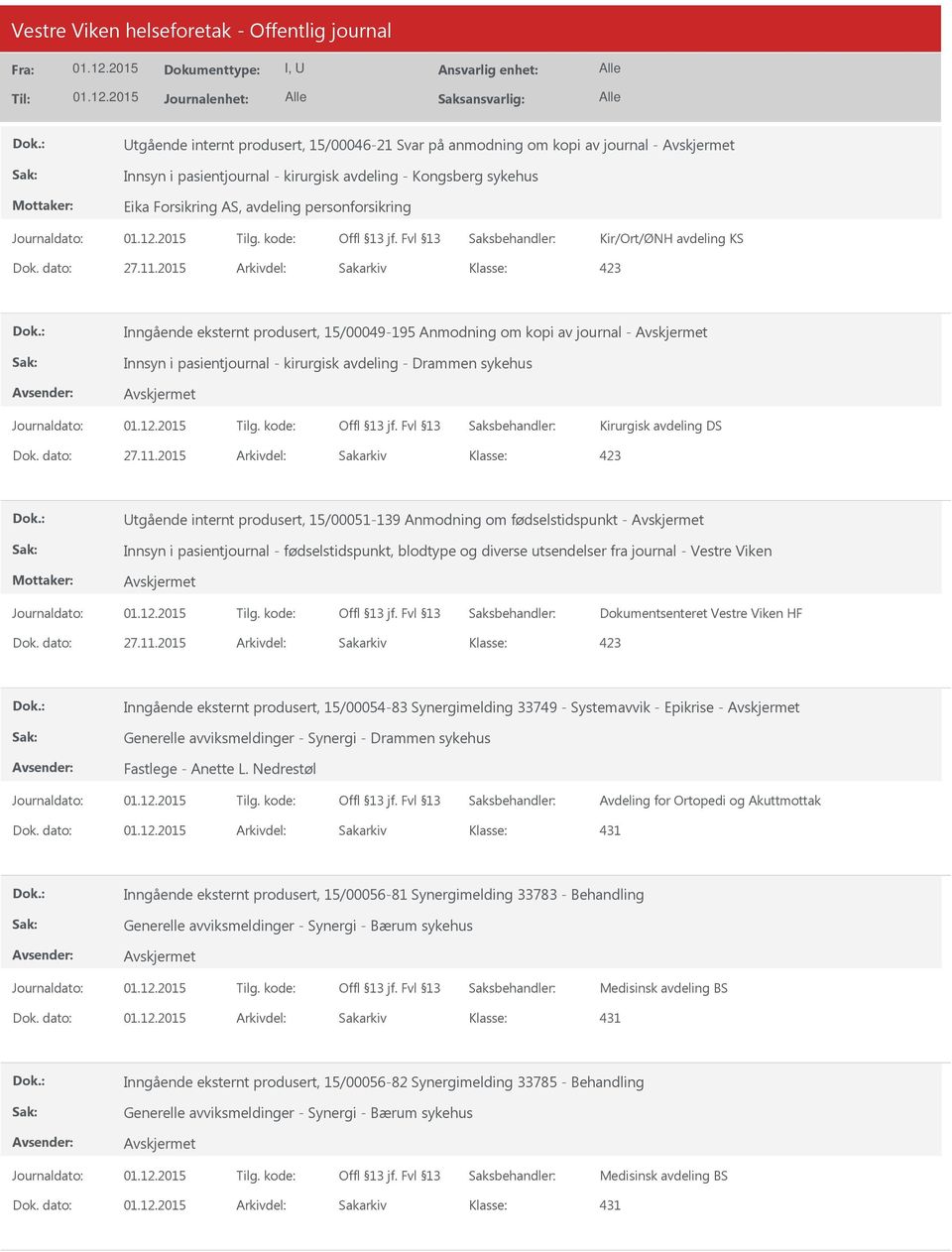 2015 Arkivdel: Sakarkiv 423 Inngående eksternt produsert, 15/00049-195 Anmodning om kopi av journal - Innsyn i pasientjournal - kirurgisk avdeling - Drammen sykehus Kirurgisk avdeling DS Dok.