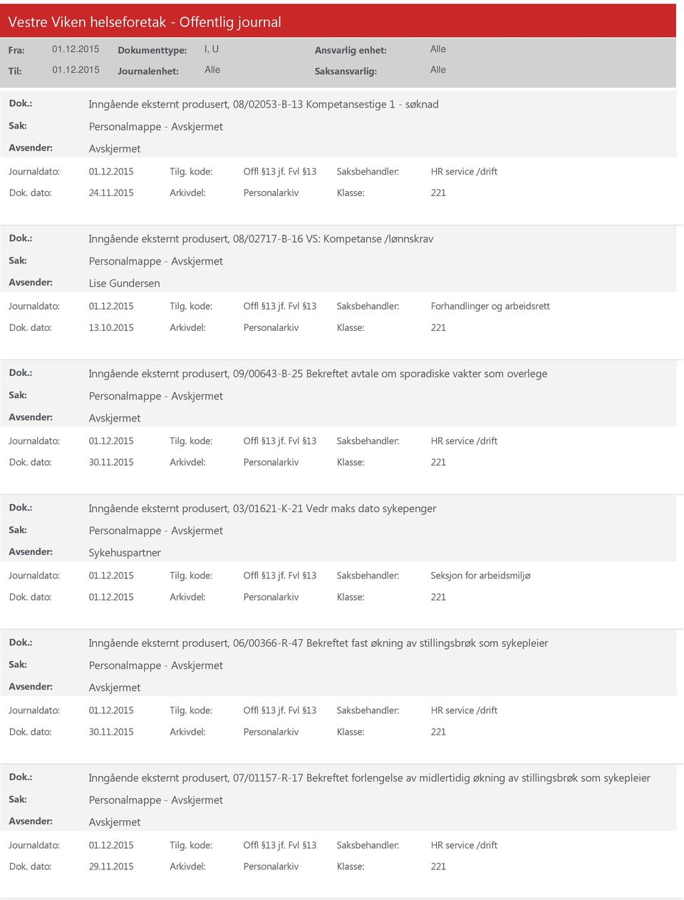 2015 Arkivdel: Personalarkiv Inngående eksternt produsert, 09/00643-B-25 Bekreftet avtale om sporadiske vakter som overlege Personalmappe - Dok. dato: 30.11.