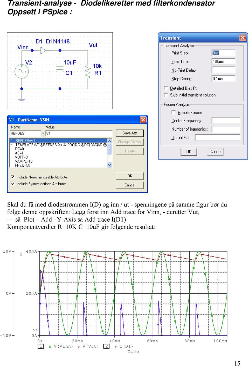 for Vinn, - deretter Vut, --- så Plot Add Y-Axis så Add trace I(D1) Komponentverdier R=10K C=10uF gir