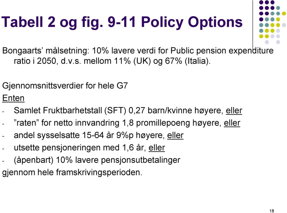 innvandring 1,8 promillepoeng høyere, eller - andel sysselsatte 15-64 år 9%p høyere, eller - utsette pensjoneringen med 1,6