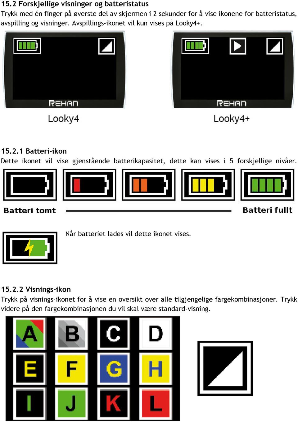 1 Batteri-ikon Dette ikonet vil vise gjenstående batterikapasitet, dette kan vises i 5 forskjellige nivåer.