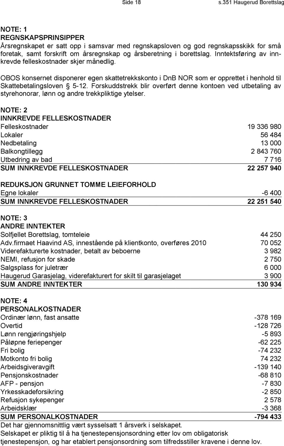 borettslag. Inntektsføring av innkrevde felleskostnader skjer månedlig. OBOS konsernet disponerer egen skattetrekkskonto i DnB NOR som er opprettet i henhold til Skattebetalingsloven 5-12.