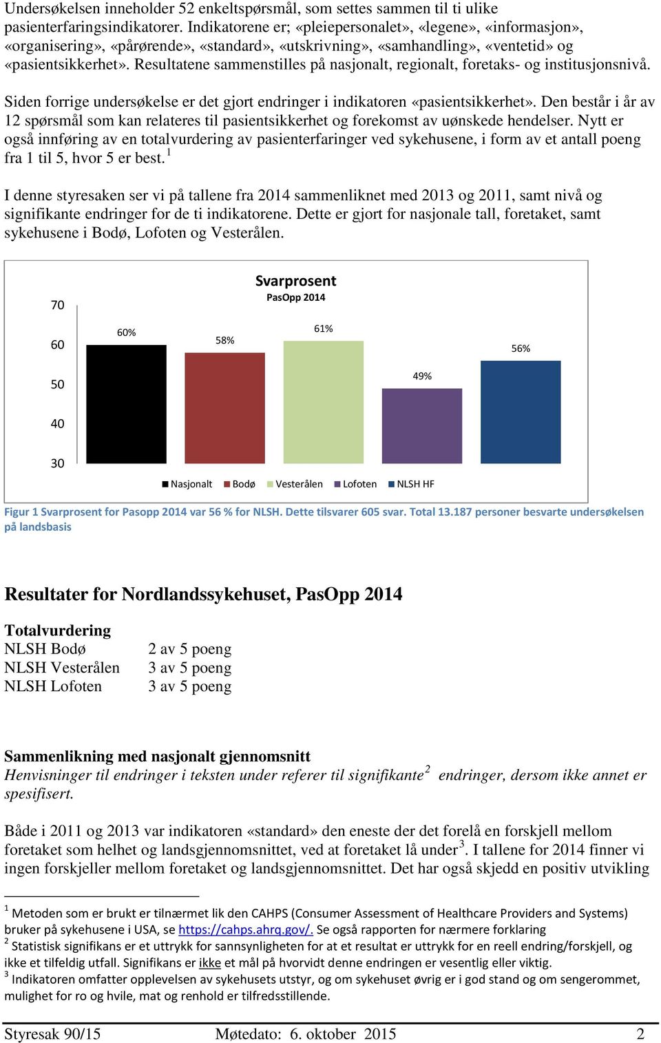 Resultatene sammenstilles på nasjonalt, regionalt, foretaks- og institusjonsnivå. Siden forrige undersøkelse er det gjort endringer i indikatoren «pasientsikkerhet».