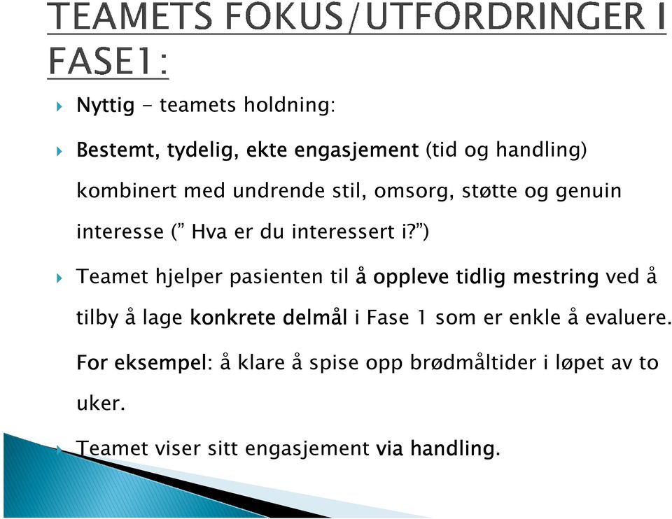 ) Teamet hjelper pasienten til å oppleve tidlig mestring ved å tilby å lage konkrete delmål i Fase 1