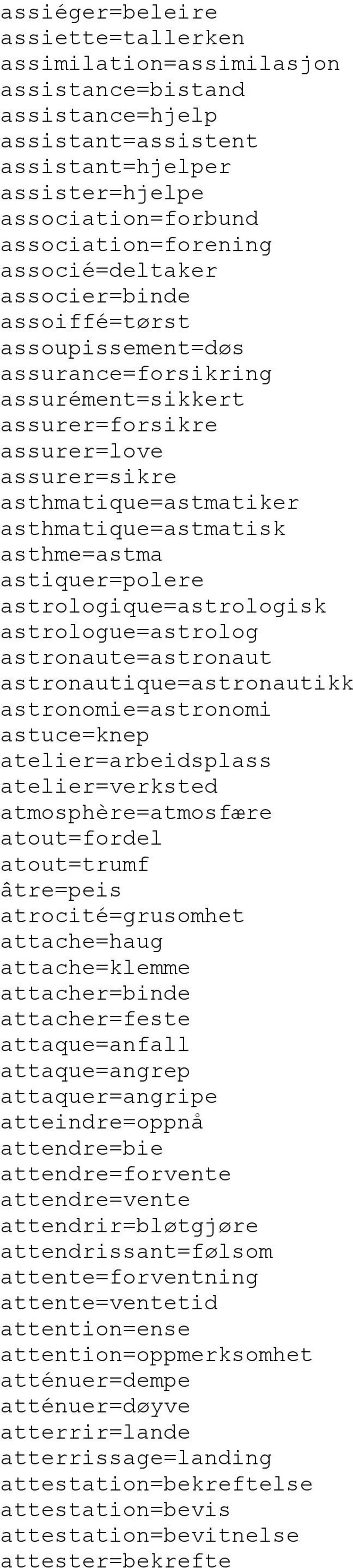 asthme=astma astiquer=polere astrologique=astrologisk astrologue=astrolog astronaute=astronaut astronautique=astronautikk astronomie=astronomi astuce=knep atelier=arbeidsplass atelier=verksted