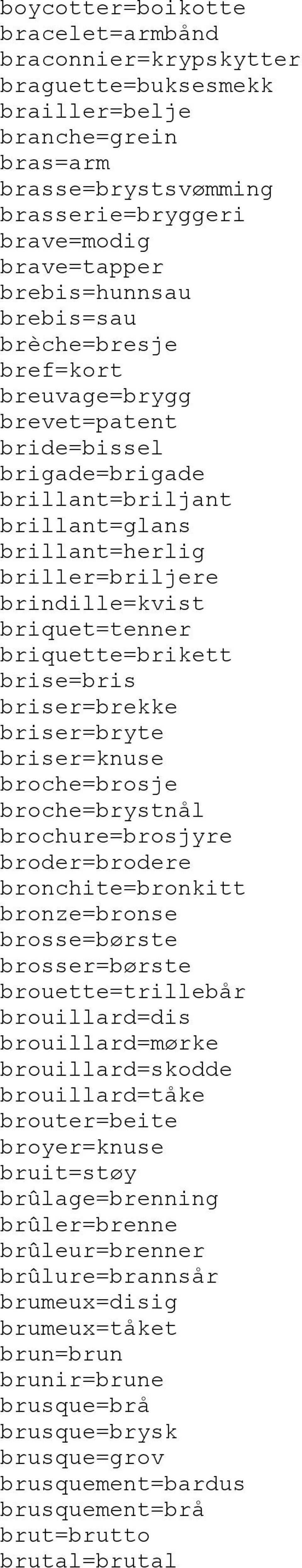 briquette=brikett brise=bris briser=brekke briser=bryte briser=knuse broche=brosje broche=brystnål brochure=brosjyre broder=brodere bronchite=bronkitt bronze=bronse brosse=børste brosser=børste